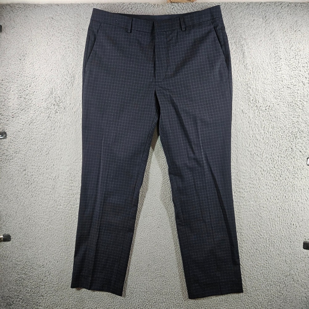 Bonobos Slim Italian Wool Dress Pants 35x30 Charcoal Blue Windowpane Plaid Mens